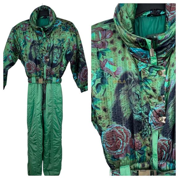 Vintage Skila Retro 80's Ski Suit Snowsuit One Piece Lion Motif Womens Size 6